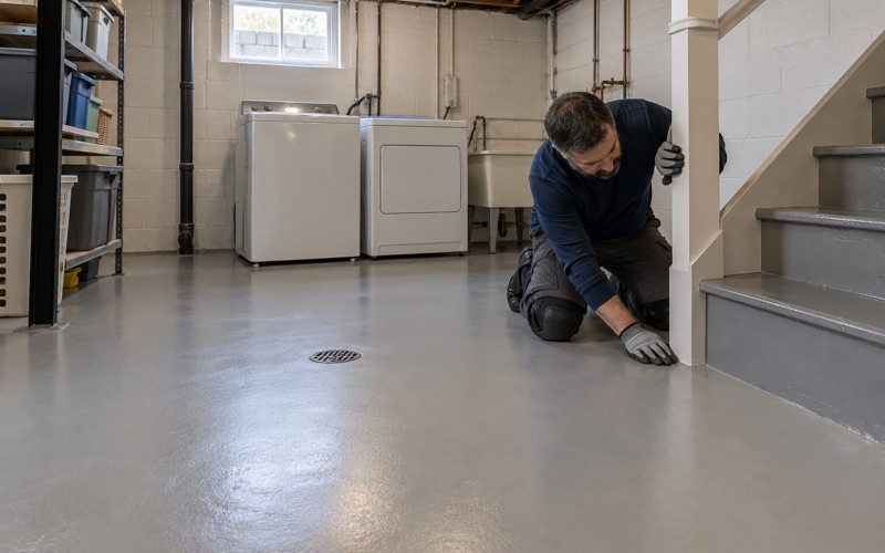 A finished light gray epoxy floor in a Des Plaines basement laundry area, coated cleanly to the stair and the floor drain.