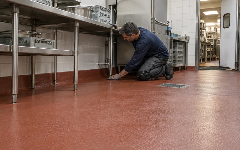 A urethane cement dish room floor in a Des Plaines restaurant, coved at the wall and falling to a floor drain.