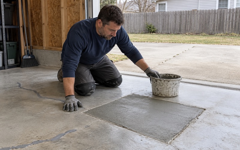 A frost-damaged section of a Des Plaines garage slab cut out and filled with repair mortar before coating.