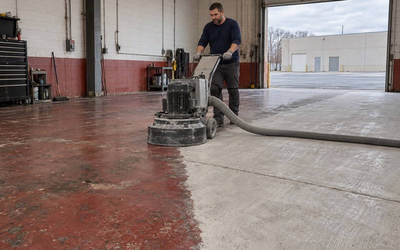 A planetary grinder taking old red paint off the floor of a former Des Plaines auto shop to bare concrete.
