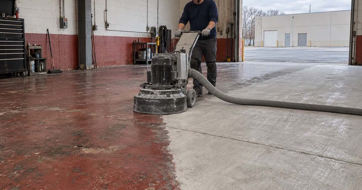 A planetary grinder taking old red paint off the floor of a former Des Plaines auto shop to bare concrete.
