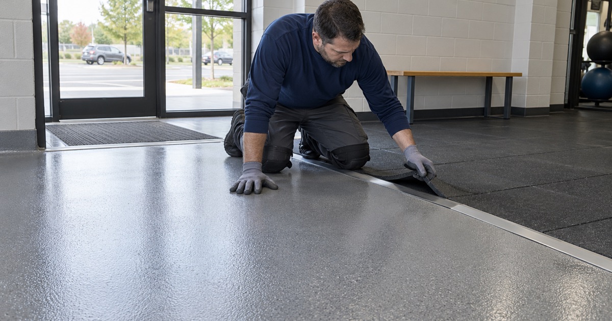 A coated floor meeting rubber tile at a transition strip in a Barrington recreation building