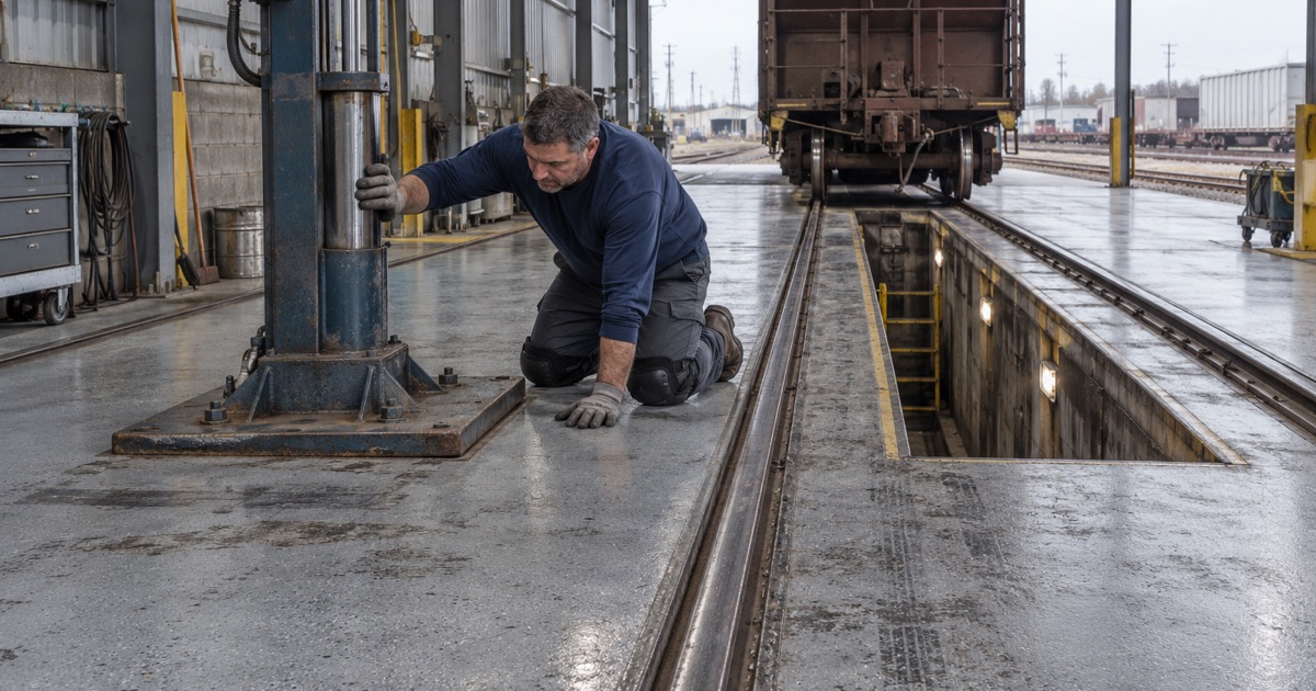 A coated working pad in a Bensenville rail-car repair shop, a car jack column standing beside the embedded rails.