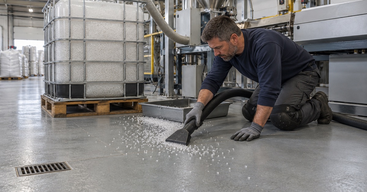 A textured coated floor in a Bridgeview plastics plant being vacuumed clear of stray resin pellets at a transfer point.