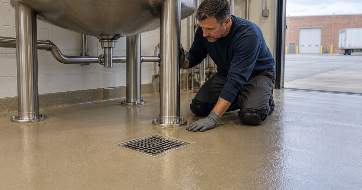 A sealed resinous floor around a stainless syrup tank in a Brookfield sugar plant, coated tight to the drain lip.