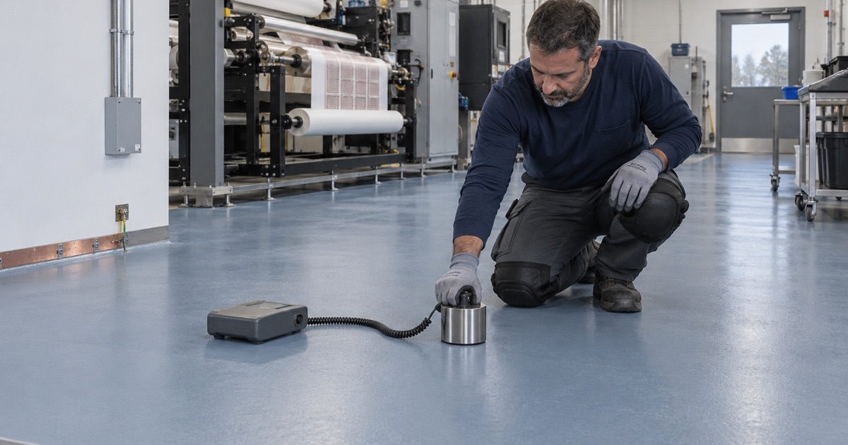 A static-dissipative floor tested with a weighted electrode at handover in a Burr Ridge printed-electronics plant.