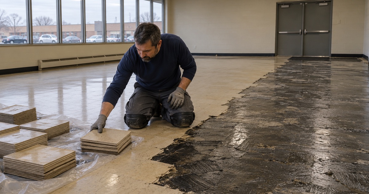 Old resilient floor tile removed intact and stacked in a Forest Park building, the slab wet-scraped before any grinding.