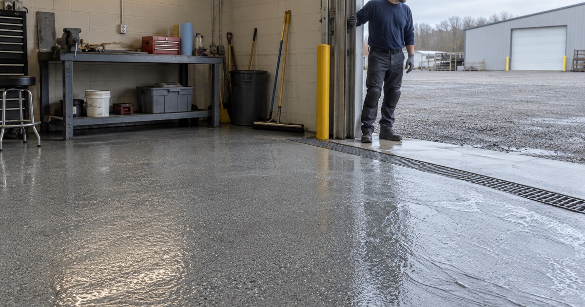 A Justice shop floor cleaned wet instead of swept, rinse water running to the trench drain