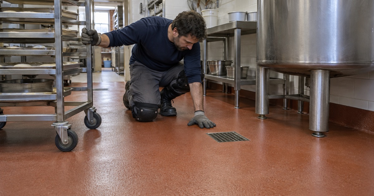 A wet production floor laid to a drain beside a stainless kettle in a La Grange main-street building