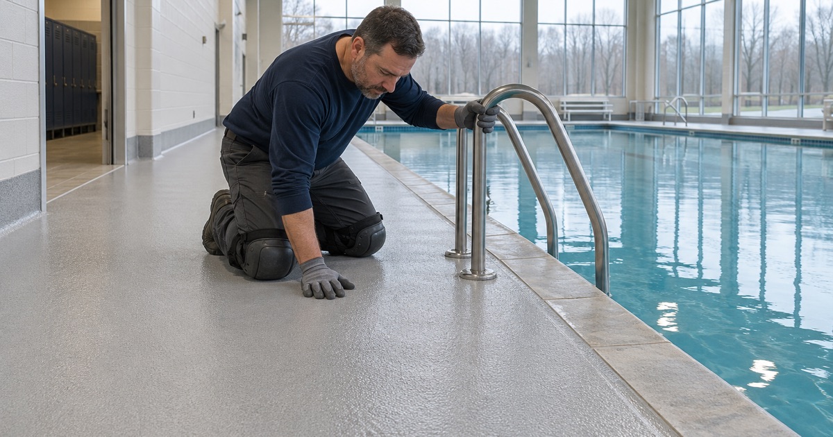 A slip-resistant coated pool deck in a Lake Zurich indoor aquatic center, closed for its cure.