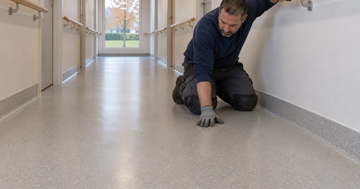 A seamless resinous corridor floor between handrails in a Lincolnwood care building