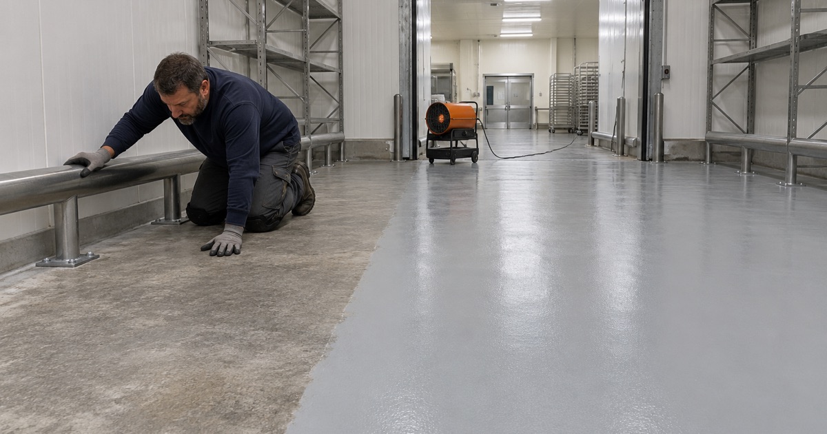 An emptied, warmed-up freezer in a Lyons meat plant getting its new floor coating during a planned shutdown.