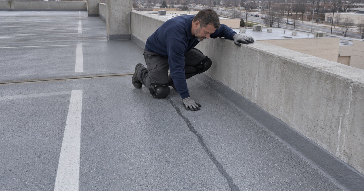 A traffic-bearing membrane on the upper deck of a Norridge shopping center parking garage, cracks routed and sealed.