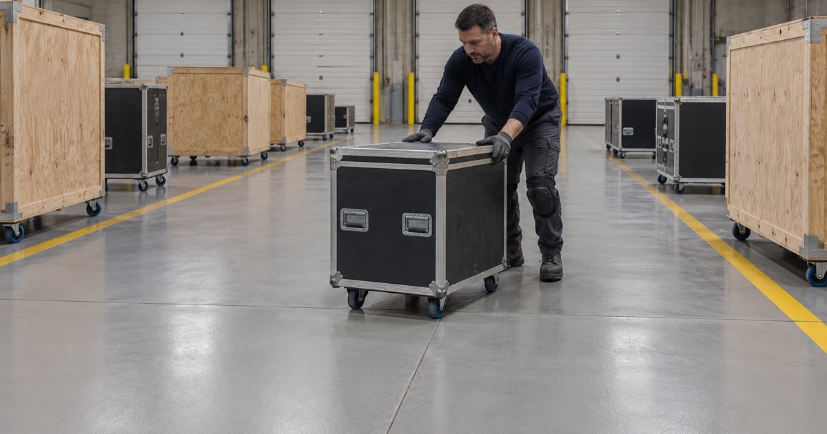 Trade-show crates on small casters rolling across filled slab joints on a Northlake freight staging floor.