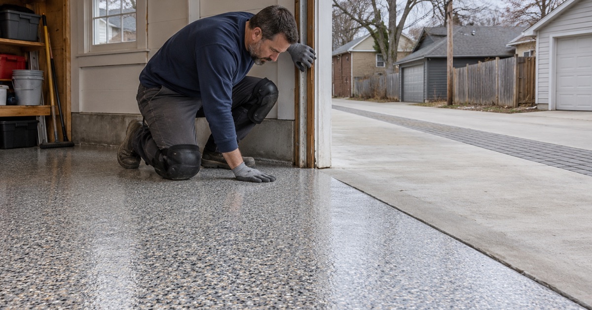 A detached River Forest garage off a rebuilt green alley, the new coating stopped at the joint with the new apron.