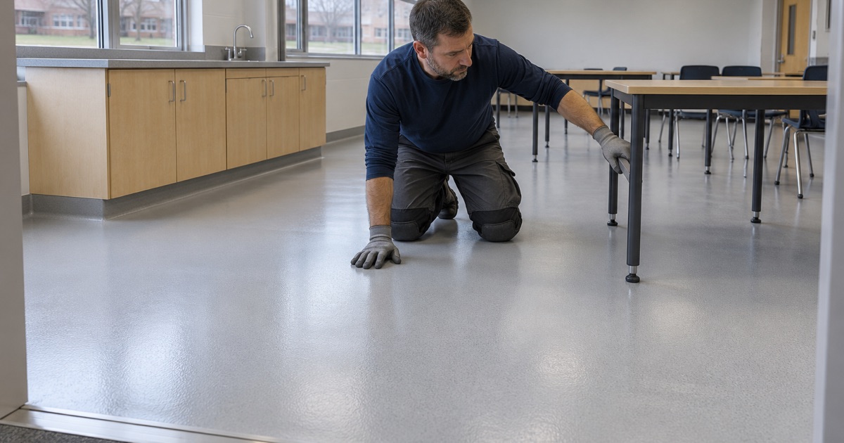 A light seamless floor in a River Grove college instructional room, coved at the wall