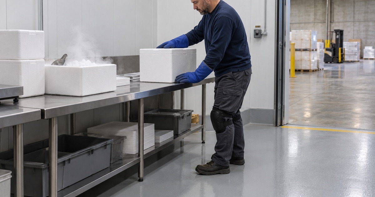 A seamless light gray floor in a Schiller Park packing room where dry ice and insulated shippers are prepared.