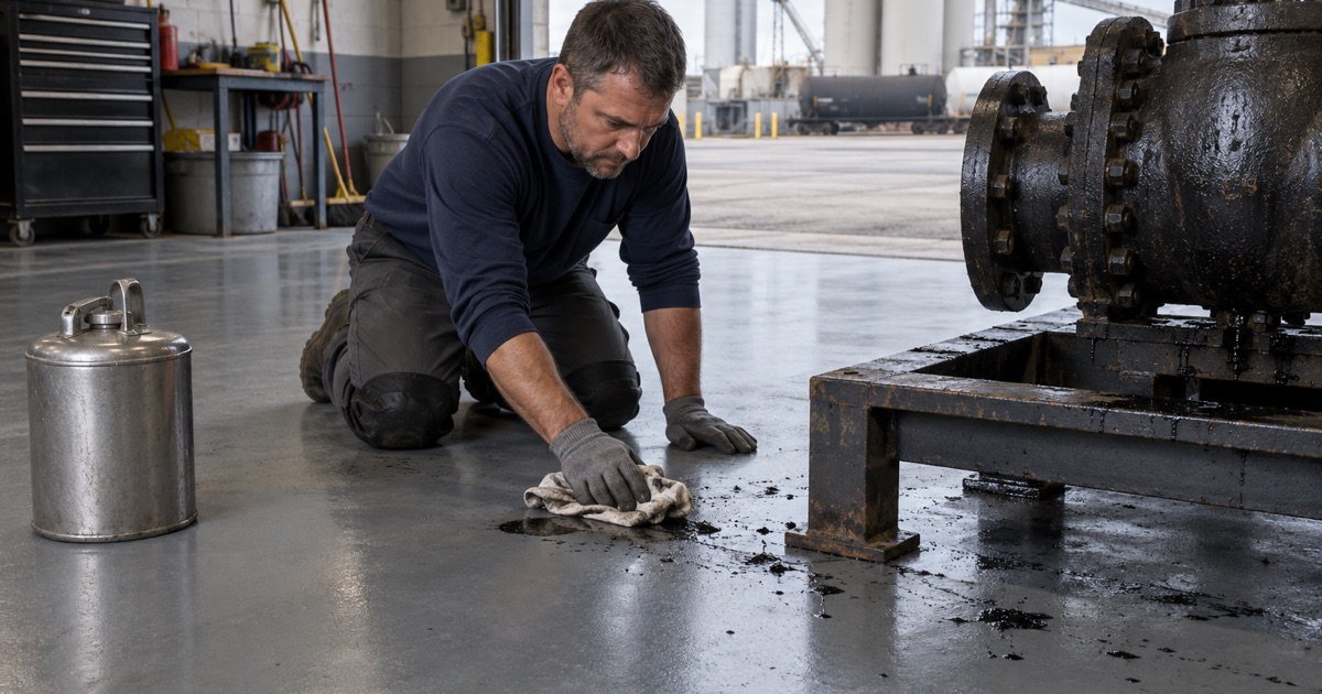 Asphalt drips wiped from a solvent-rated coated floor in a Summit plant maintenance shop.