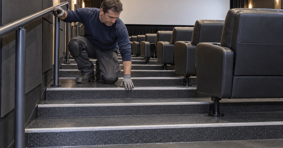 Coated stadium-seating risers with high-visibility nosings in a Warrenville cinema auditorium, house lights up.