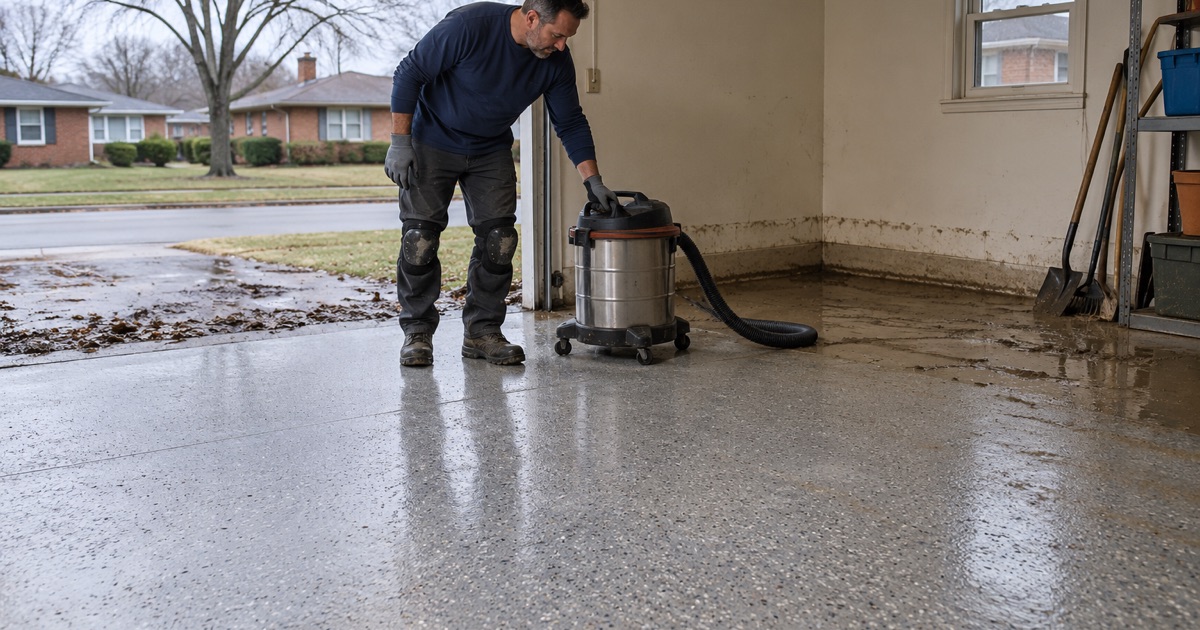 A resin garage floor in Westchester cleaned out after a flood, the coating still sound