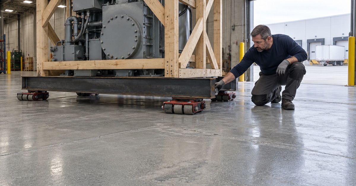 A machine on steel skids rolling on machinery skates across a thick coated floor in a Wood Dale logistics center.