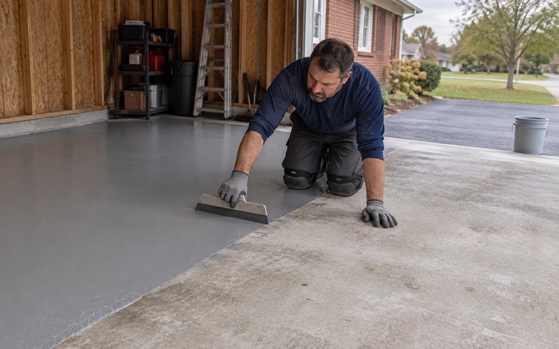A gray epoxy base coat spread across a ground slab in a detached Des Plaines garage, the wet edge advancing toward the door.