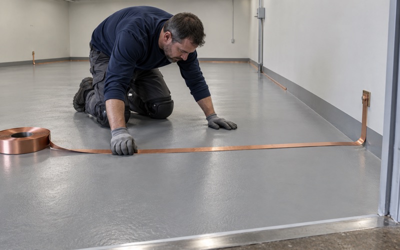 Copper grounding strip being laid on primer before a static-dissipative epoxy goes down in a Des Plaines electronics room.