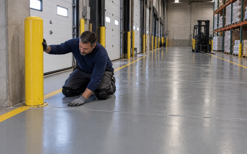 A heavy-duty coated lane in a Des Plaines food distribution warehouse, protected by a yellow steel bollard at the dock.