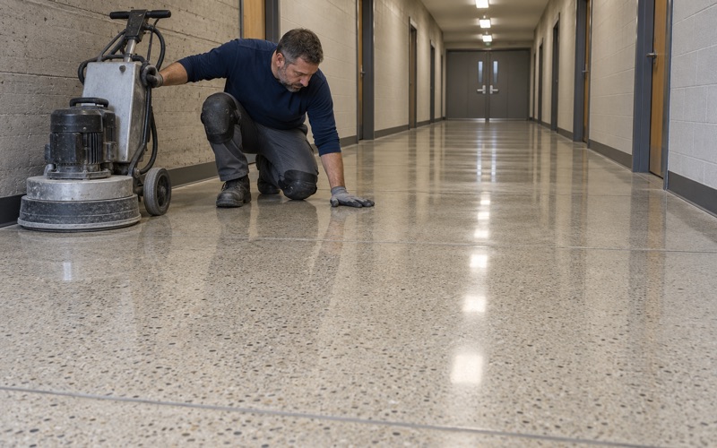 A freshly polished concrete corridor in a Des Plaines college building, the ceiling lights reflected softly in the slab.