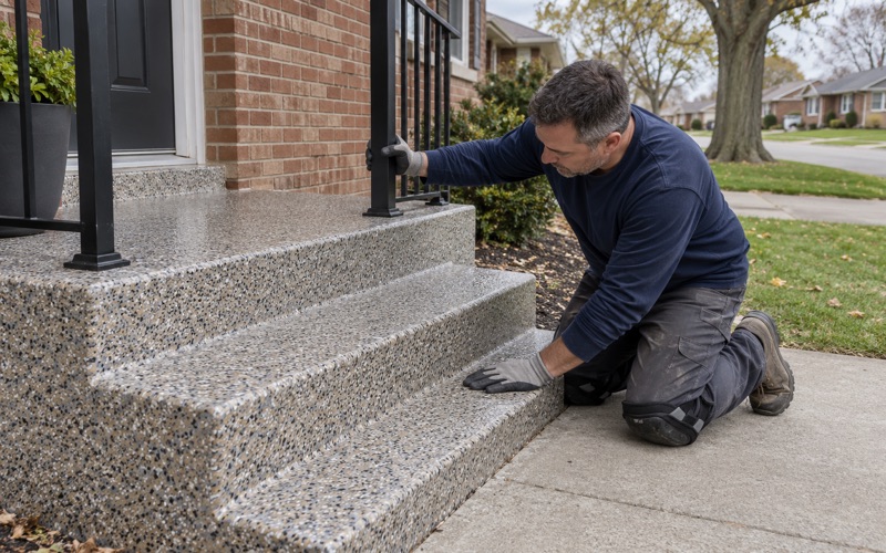 A flake polyaspartic coating on the front stoop and steps of a Des Plaines brick ranch, finished in a single day.